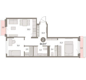 2-к квартира, вторичка, 64м2, 7/9 этаж