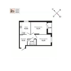 2-к квартира, строящийся дом, 55м2, 4/25 этаж
