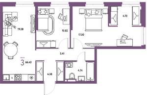 3-к квартира, строящийся дом, 66м2, 5/24 этаж