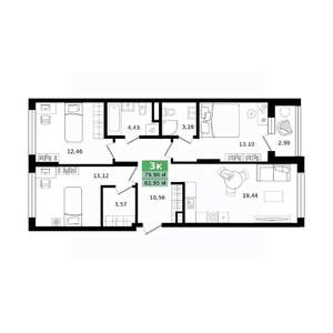 3-к квартира, строящийся дом, 83м2, 3/8 этаж
