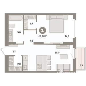 1-к квартира, вторичка, 52м2, 9/16 этаж