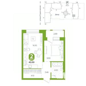 2-к квартира, строящийся дом, 42м2, 6/25 этаж