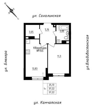 1-к квартира, строящийся дом, 37м2, 16/25 этаж