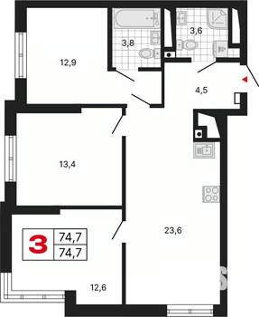 3-к квартира, вторичка, 75м2, 14/29 этаж