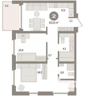 2-к квартира, вторичка, 64м2, 12/24 этаж