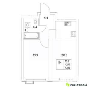 1-к квартира, вторичка, 43м2, 1/31 этаж