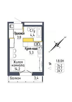 1-к квартира, строящийся дом, 29м2, 8/9 этаж