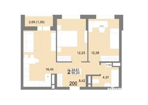 2-к квартира, строящийся дом, 55м2, 20/22 этаж