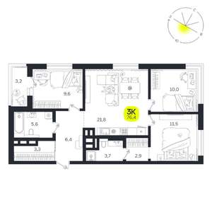 3-к квартира, вторичка, 76м2, 19/27 этаж