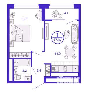 1-к квартира, строящийся дом, 36м2, 13/28 этаж
