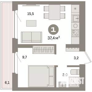 1-к квартира, вторичка, 37м2, 8/9 этаж