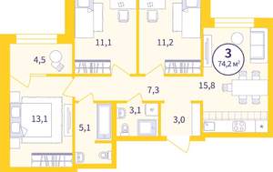 3-к квартира, вторичка, 72м2, 8/32 этаж