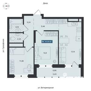 2-к квартира, строящийся дом, 61м2, 11/24 этаж