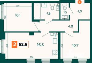 2-к квартира, строящийся дом, 53м2, 2/25 этаж