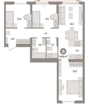 3-к квартира, вторичка, 85м2, 6/16 этаж