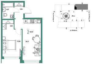 2-к квартира, строящийся дом, 44м2, 8/24 этаж