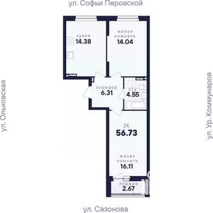 2-к квартира, вторичка, 57м2, 3/17 этаж