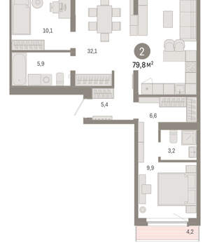 2-к квартира, вторичка, 80м2, 8/9 этаж