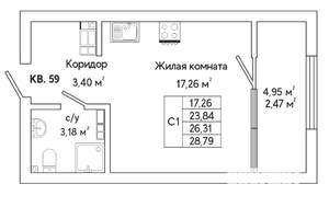 1-к квартира, строящийся дом, 28м2, 6/25 этаж