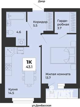 1-к квартира, строящийся дом, 43м2, 3/25 этаж