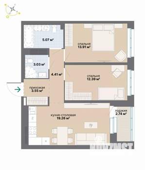 2-к квартира, вторичка, 64м2, 7/9 этаж