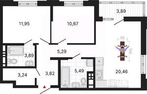 2-к квартира, вторичка, 69м2, 6/6 этаж