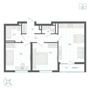 2-к квартира, вторичка, 59м2, 19/32 этаж