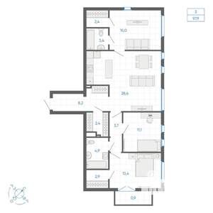 3-к квартира, вторичка, 98м2, 10/32 этаж