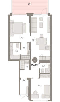 2-к квартира, вторичка, 90м2, 1/9 этаж