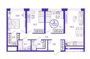 3-к квартира, строящийся дом, 74м2, 5/28 этаж