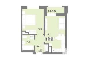 1-к квартира, вторичка, 38м2, 12/26 этаж