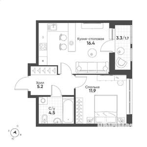 1-к квартира, строящийся дом, 40м2, 2/15 этаж