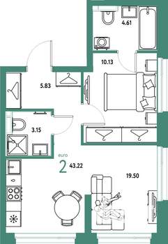 2-к квартира, строящийся дом, 43м2, 5/24 этаж