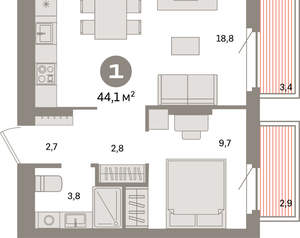 1-к квартира, вторичка, 44м2, 2/9 этаж
