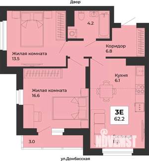3-к квартира, строящийся дом, 62м2, 6/25 этаж