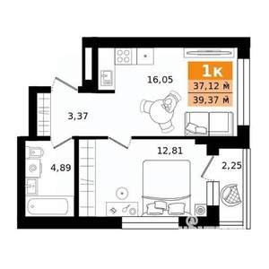 1-к квартира, строящийся дом, 39м2, 20/27 этаж
