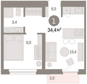 1-к квартира, вторичка, 34м2, 7/9 этаж