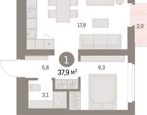 1-к квартира, вторичка, 38м2, 5/9 этаж