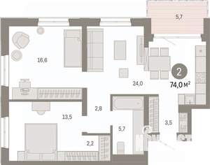 2-к квартира, вторичка, 74м2, 11/24 этаж