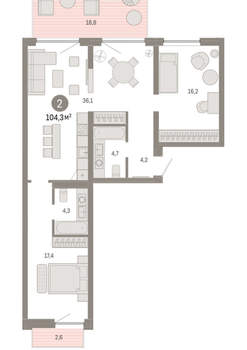 2-к квартира, вторичка, 104м2, 2/16 этаж
