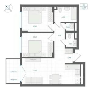 2-к квартира, строящийся дом, 57м2, 1/4 этаж