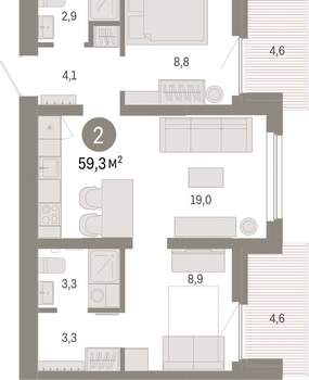 2-к квартира, вторичка, 59м2, 7/9 этаж