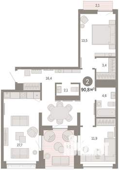 2-к квартира, вторичка, 91м2, 8/16 этаж