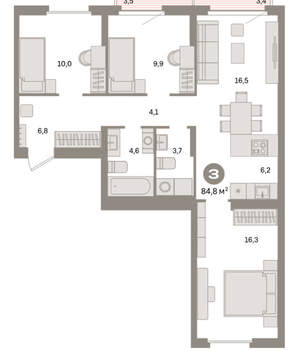 3-к квартира, вторичка, 85м2, 4/16 этаж