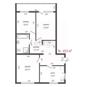 3-к квартира, вторичка, 66м2, 7/9 этаж