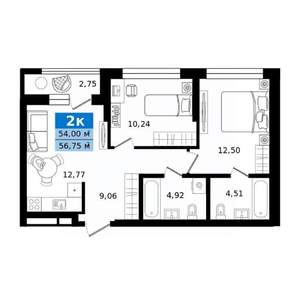 2-к квартира, строящийся дом, 57м2, 2/25 этаж