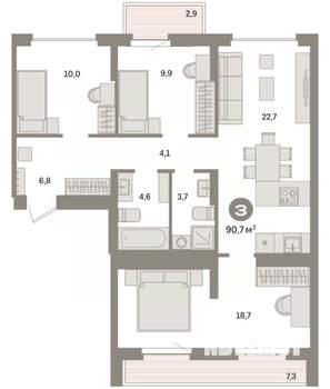 3-к квартира, вторичка, 91м2, 9/9 этаж