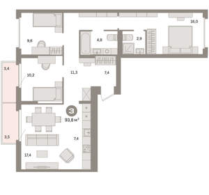 3-к квартира, вторичка, 94м2, 4/16 этаж