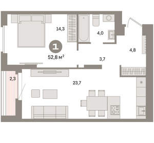 1-к квартира, вторичка, 53м2, 10/16 этаж