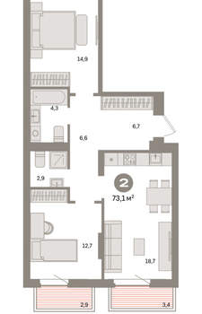 2-к квартира, вторичка, 73м2, 7/9 этаж